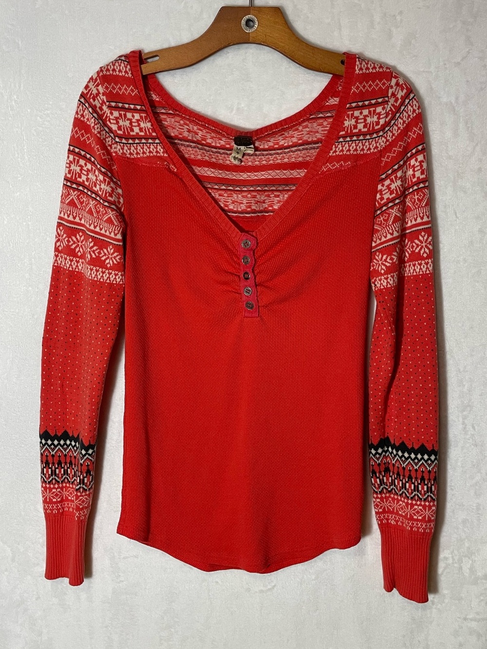 We The Free Red Fair Isle Henley Long Sleeve Top